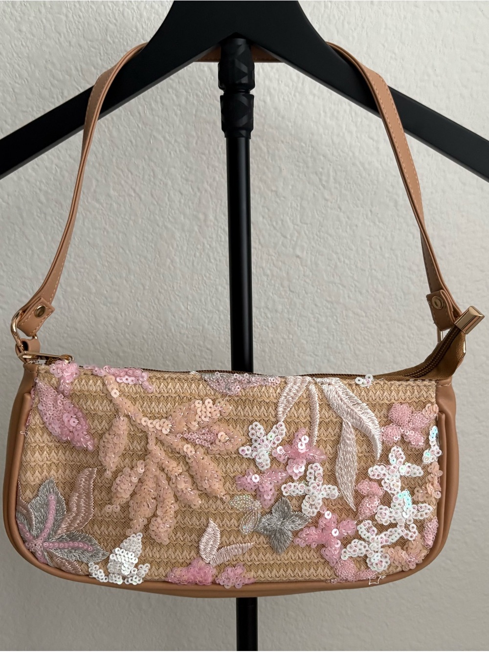 Sequin Floral Embroidered Shoulder Bag in Light Pink and Tan